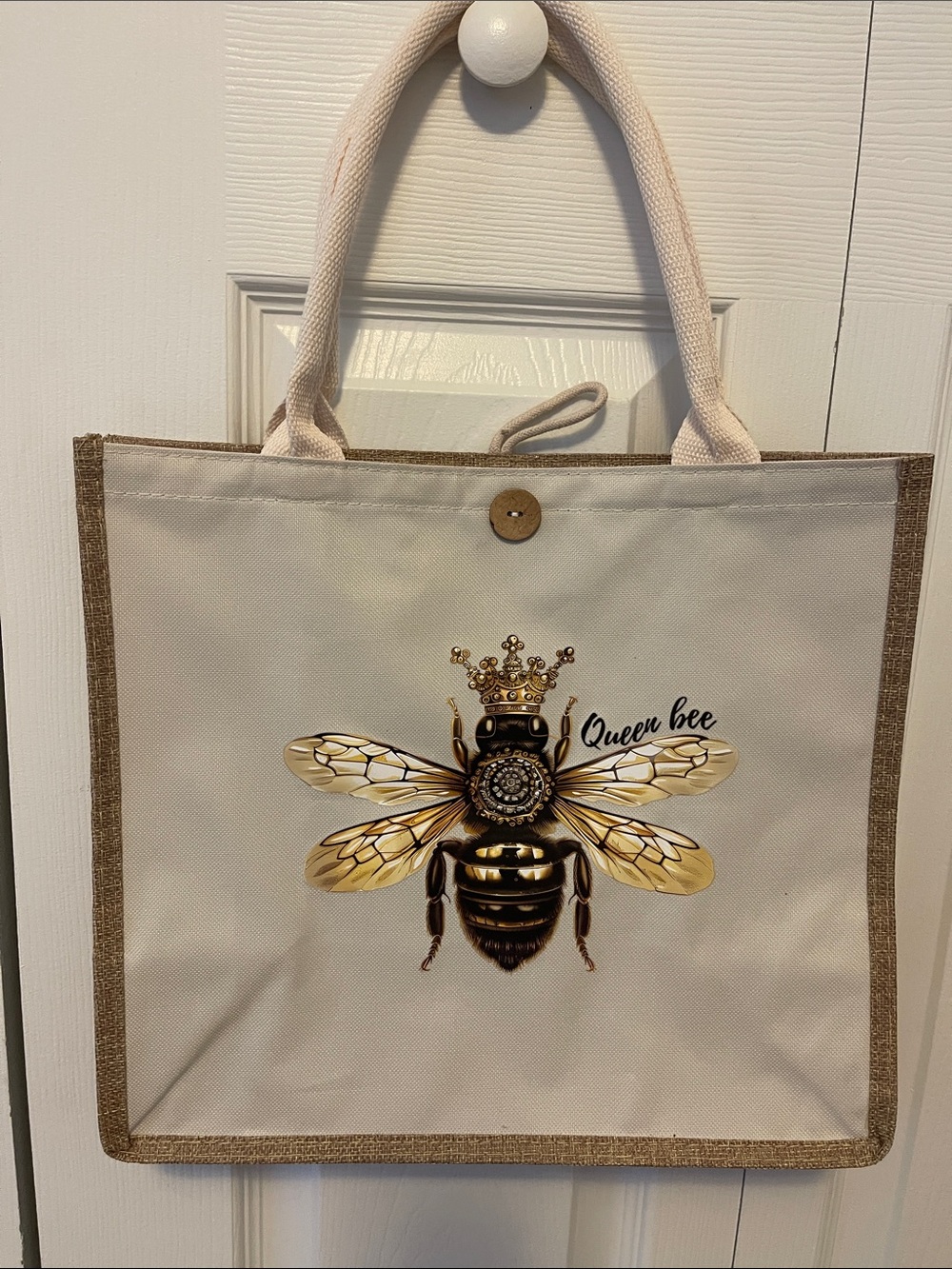 Queen Bee Canvas Tote Bag in Cream with Gold Bee Accent